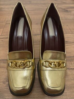 Franco Sarto Metallic Gold Chain-Trim Loafers